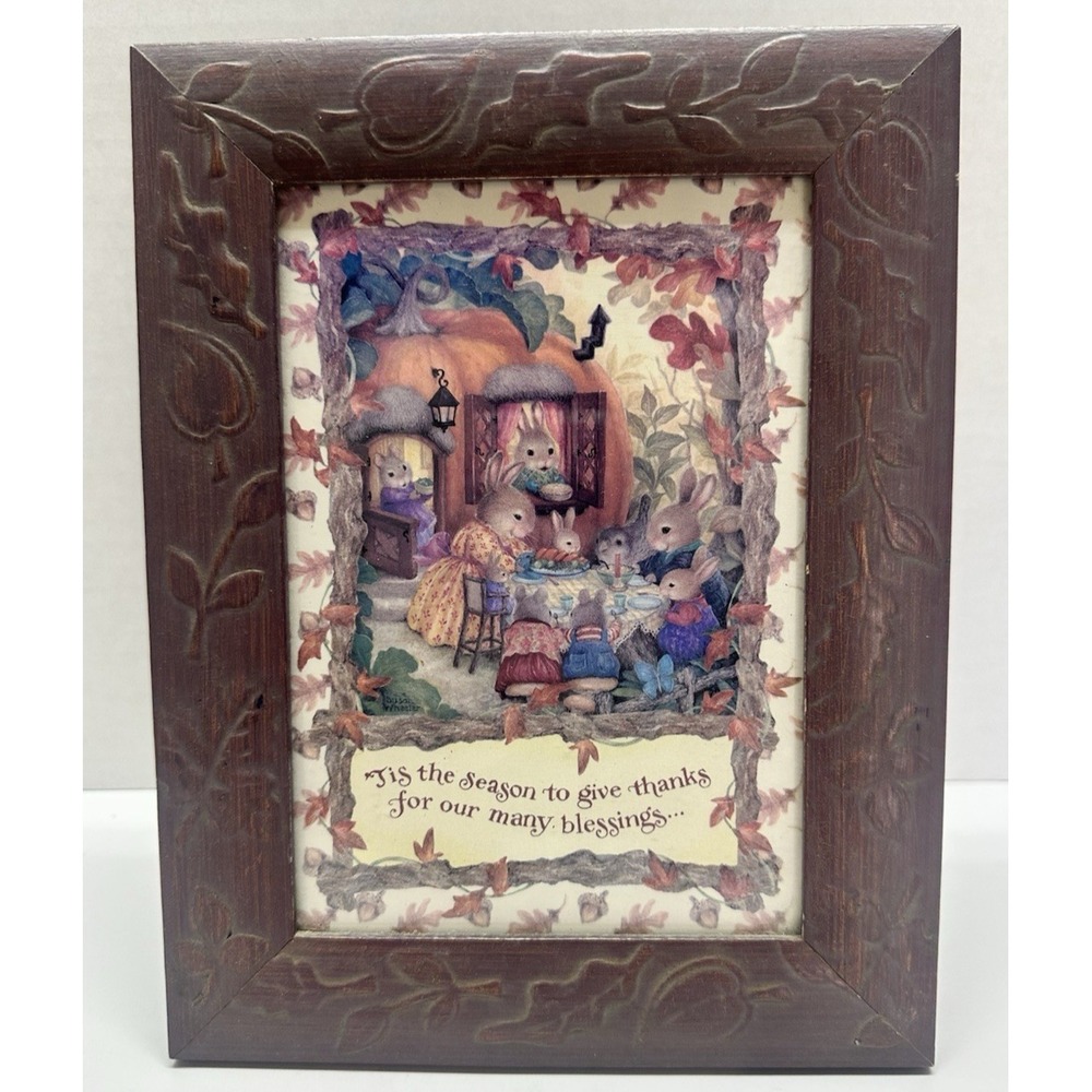 Framed Bunny Family Picture Cute Nature Woodland Animal Wall Art Fall Theme